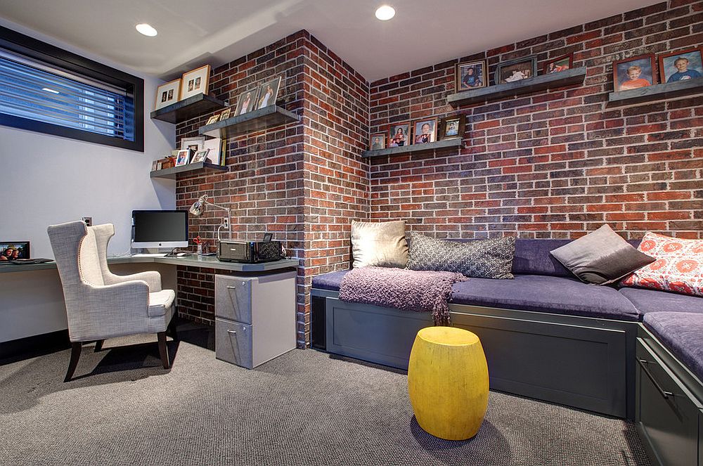 Exposed brick walls are a cool way to add red to the contemporary home office