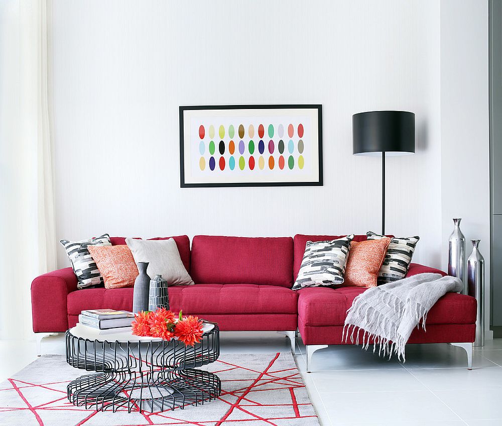 Exquisite dark red sofa brings vivaciousness to the white living room