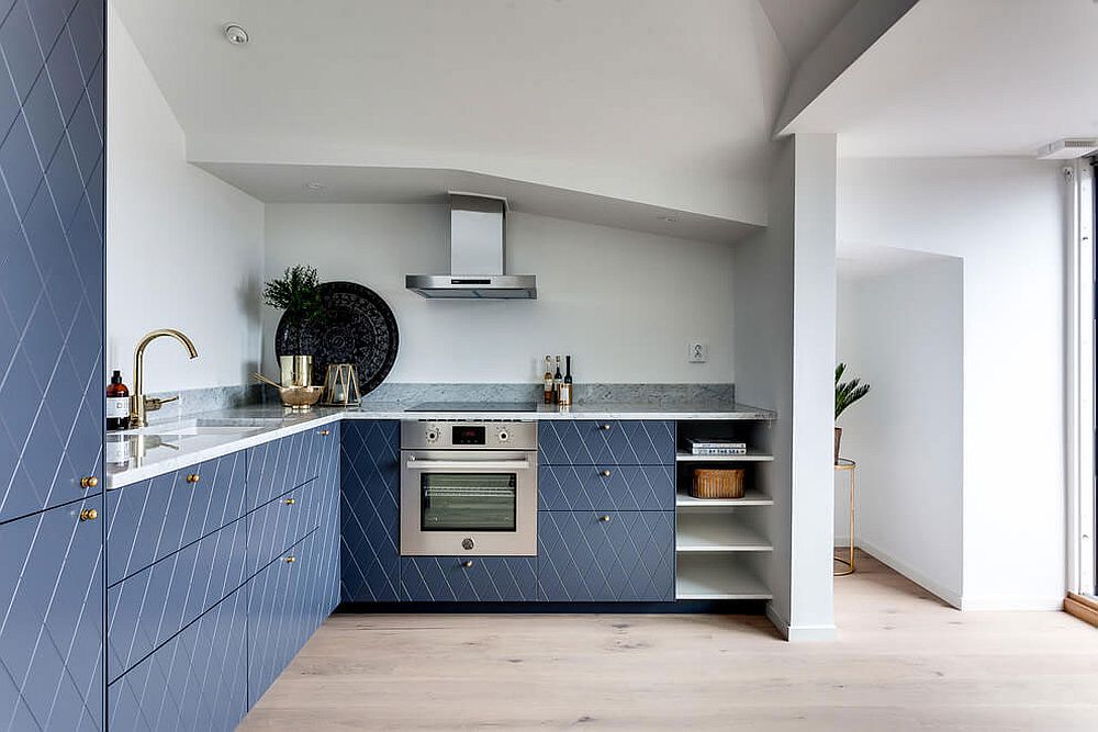 Fabulous L-shaped Scandinavian kitchen with stylish cabinets and stone countertop