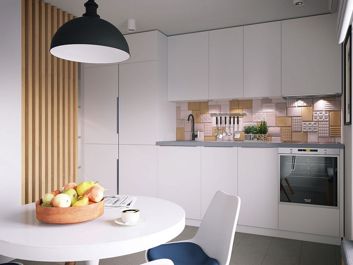 Small kitchen with unique tiled backsplash