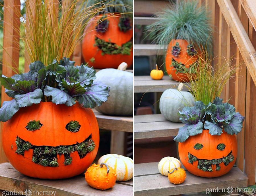 Green Jack-o-planters for garden decorating [From: Garden Therapy]