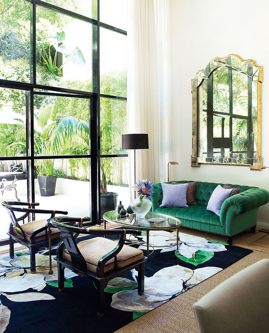 Green in the rug complements that of the couch perfectly [Design: Brendan Wong Design]