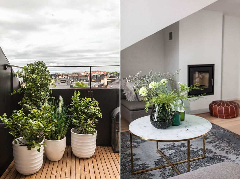 Greenery inside the apartment and in the balcony give it a relaxing vibe