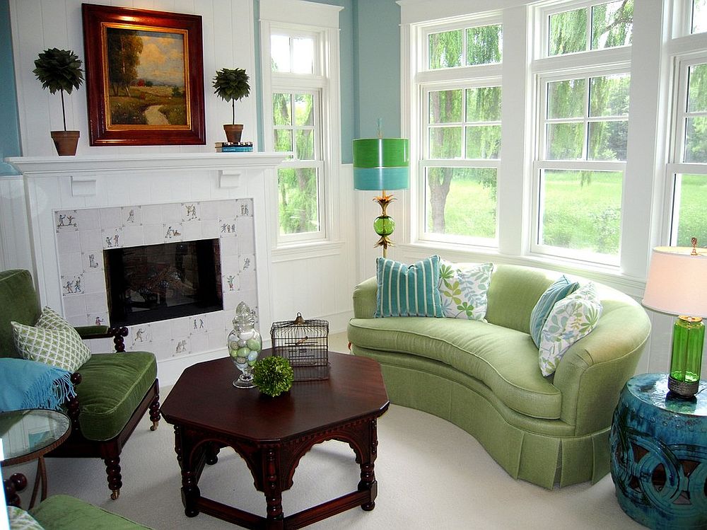 Light lime green is a cool color for the living room sofa!