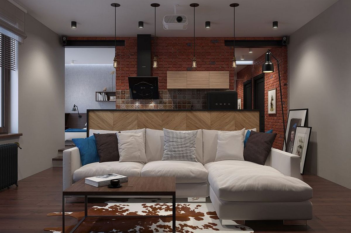 Living room, dining area and kitchen of the small bachelor apartment