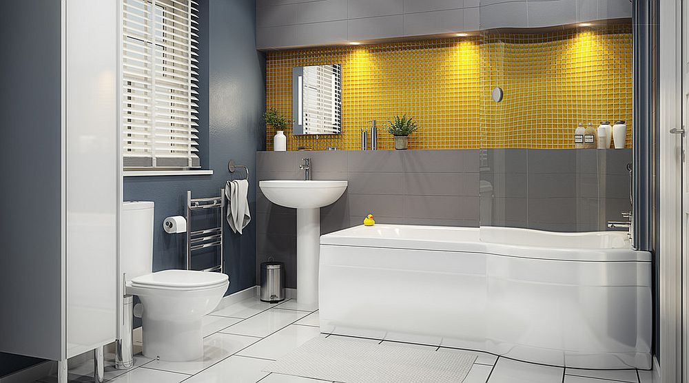 Mustard yellow couple with steely gray in the contemporary bathroom [Design: B&Q]