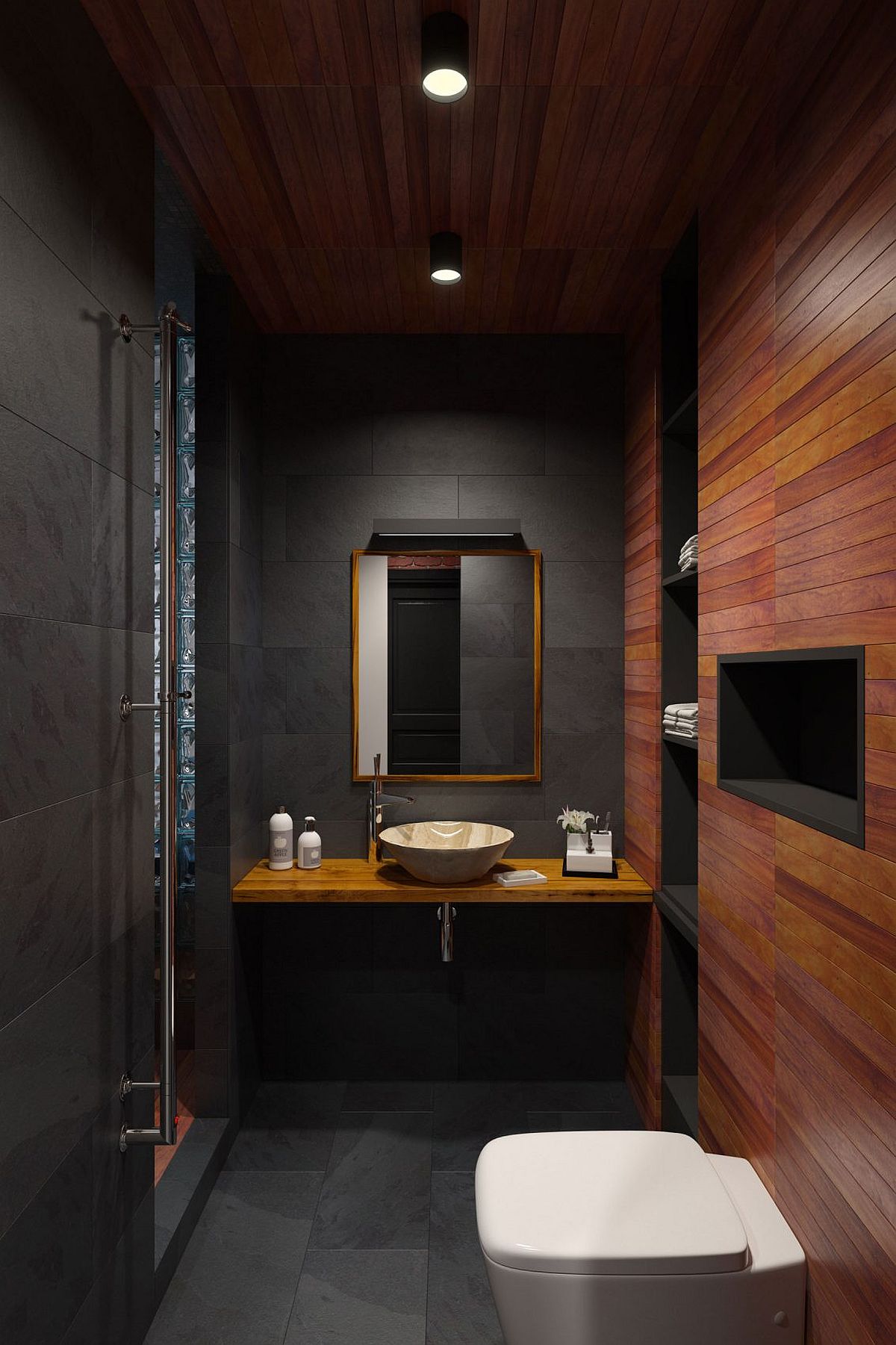 Nature slate and teak create a sophisticated and dashing contemporary bathroom