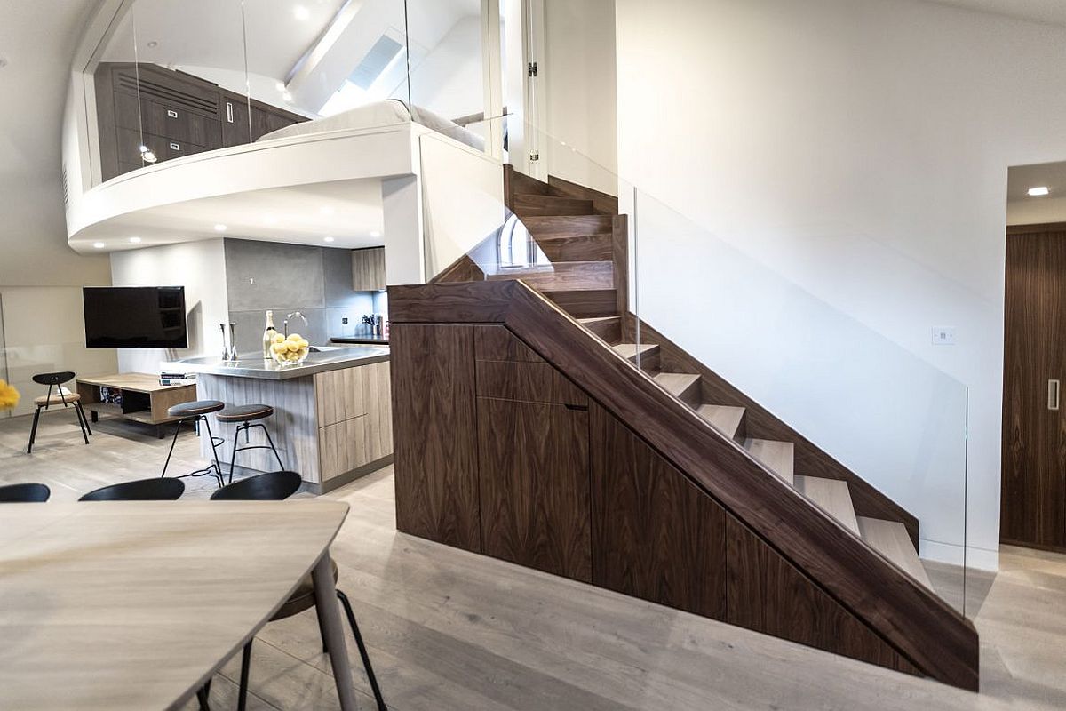 Open living area along with the new walnut oak staircase and mezzanine level master bedroom