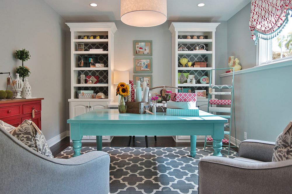 Pick a shade of blue you absolutely love to enliven the gray home office and crafts zone [Design: Set The Stage]