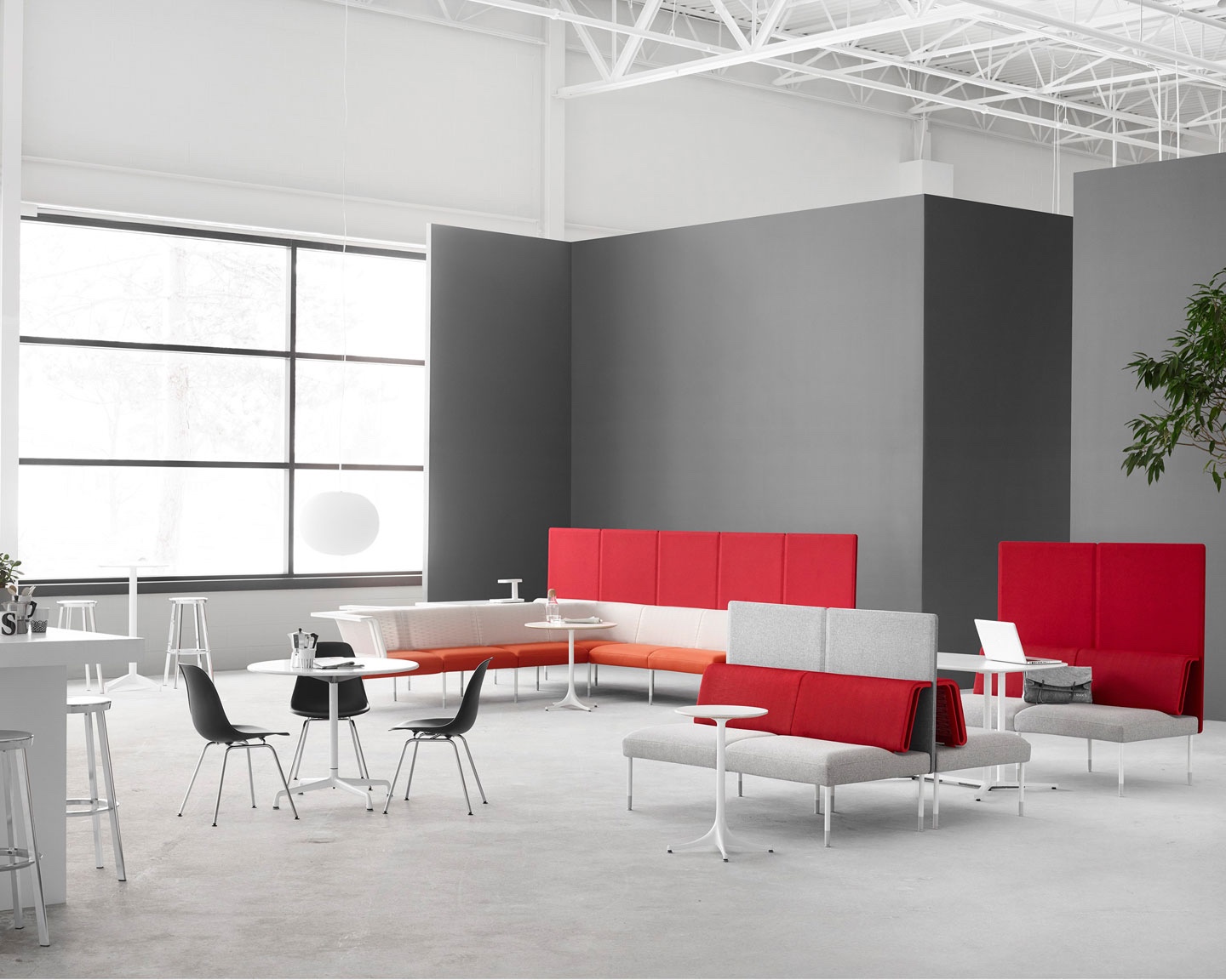 The Plaza concept by Herman Miller offers a smart break-out space. Furniture includes Herman Miller's Public Office Landscape and Nelson Pedestal Table. Image © 2016 Herman Miller, Inc.