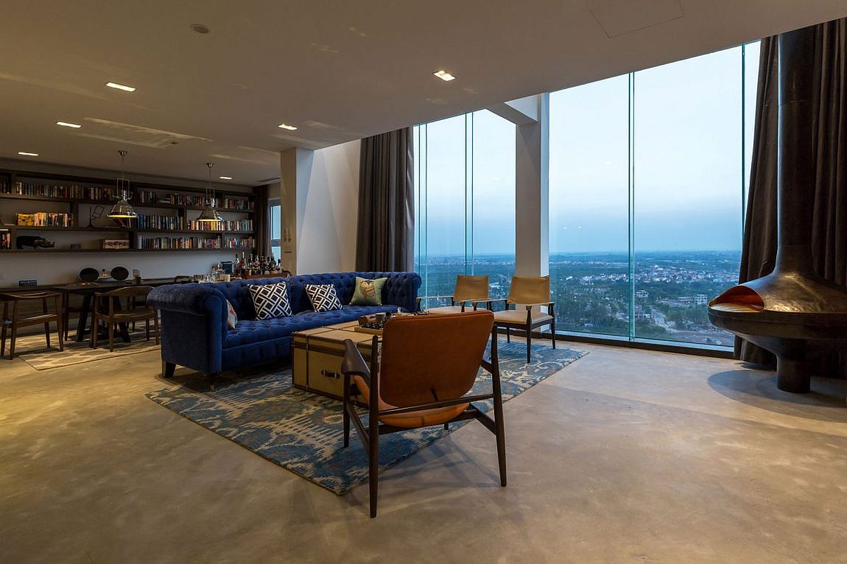 Plush and bright blue couch for the open living area