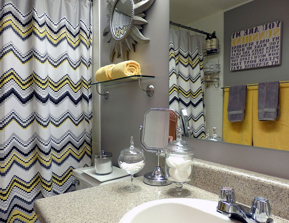 Pops of yellow enliven modern bathroom in gray [Design: Dominika Pate Interiors]