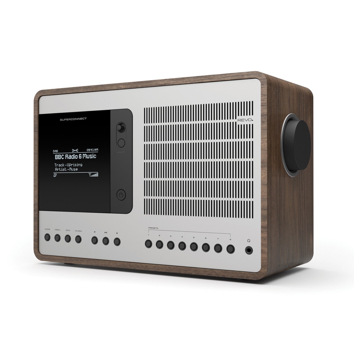 REVO SuperConnect in classic midcentury-esque American walnut and silver anodised aluminium.