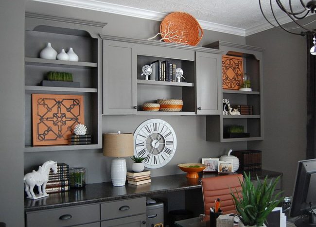 Refined Contemporary Home Office In Gray With Pops Of Orange 650x467 