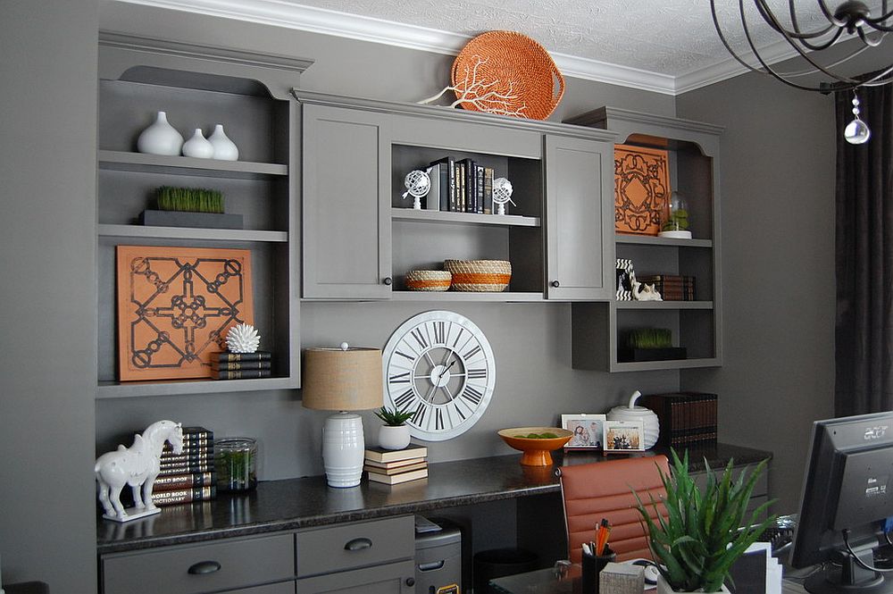 Refined contemporary home office in gray with pops of orange [Design: Shine Design]