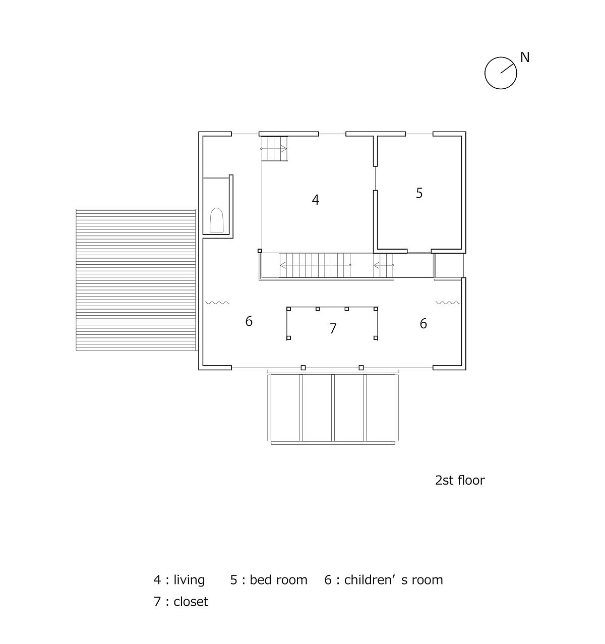 Second level floor plan of minimal Japanese house