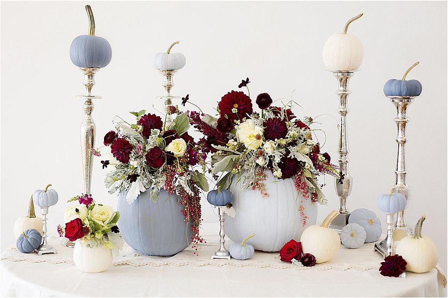 Set the tablescape for fall parties with pumpkin vases and centerpieces [Design: The Bride Link]