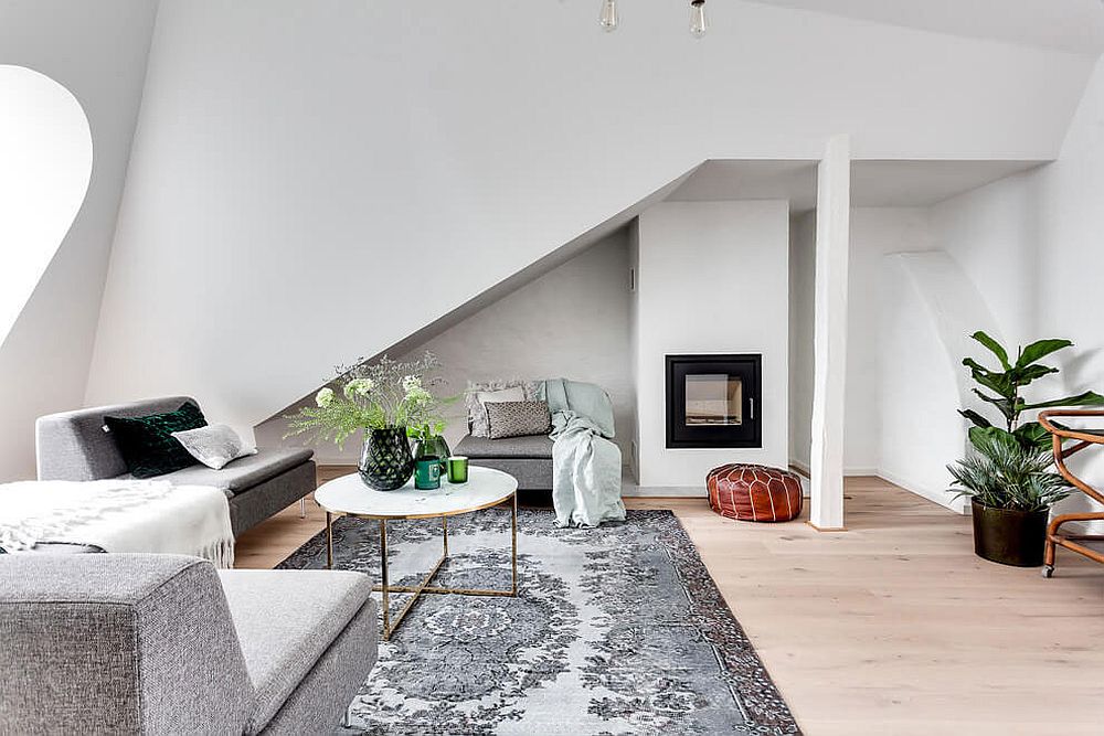Small fireplace in the corner for the Scandinavian style living room