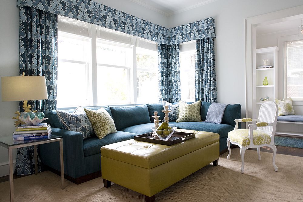 Smart combination of yellow and blue in the family room [Design: Kendall Wilkinson Design]