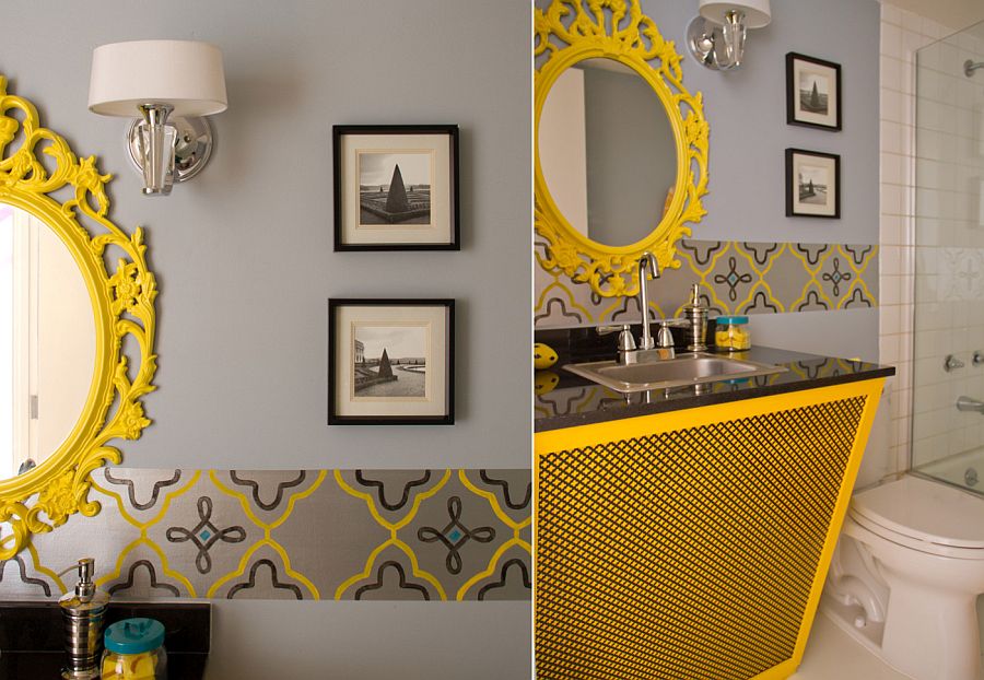 Snazzy bathroom vanity in yellow steals the show in this gray bathroom