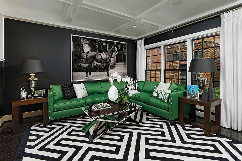 Snazzy contemporary living room with geo style and bold green couch [Design: OPaL]