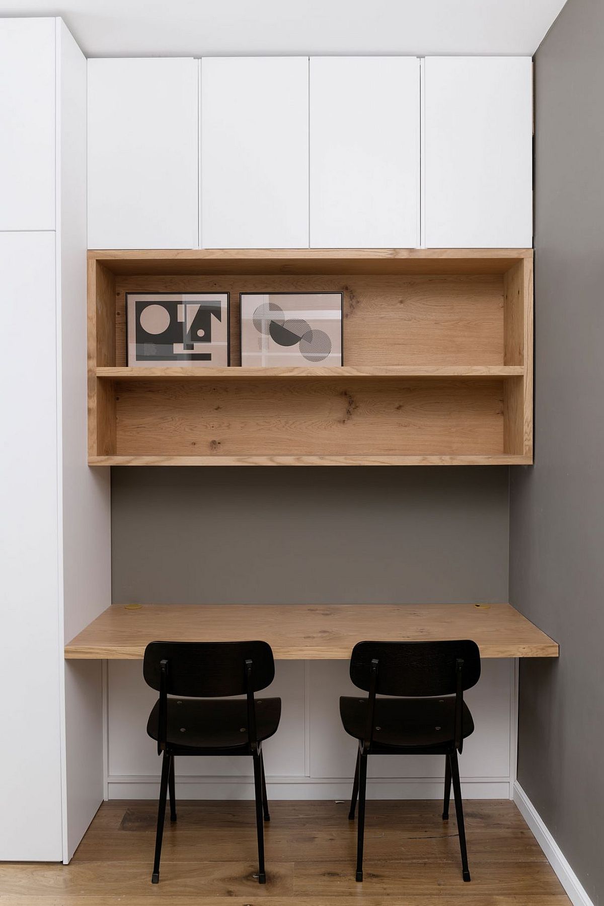 Space-savvy and small home office design with twin chairs and wooden desk