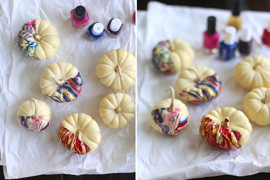 Stylish DIY nail polish marbled pumpkins for a chic Halloween! [From: Say Yes]