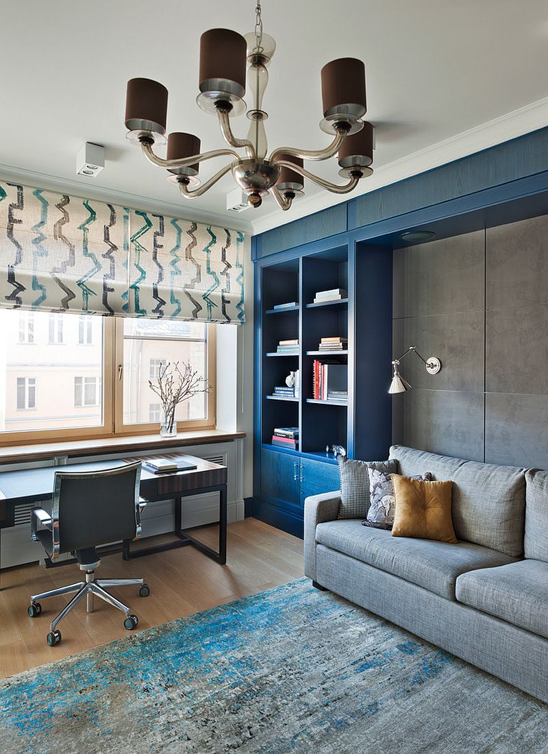 Stylish contemporary home office in gray and blue [Design: Natasha Tkachuk Design and Decoration]