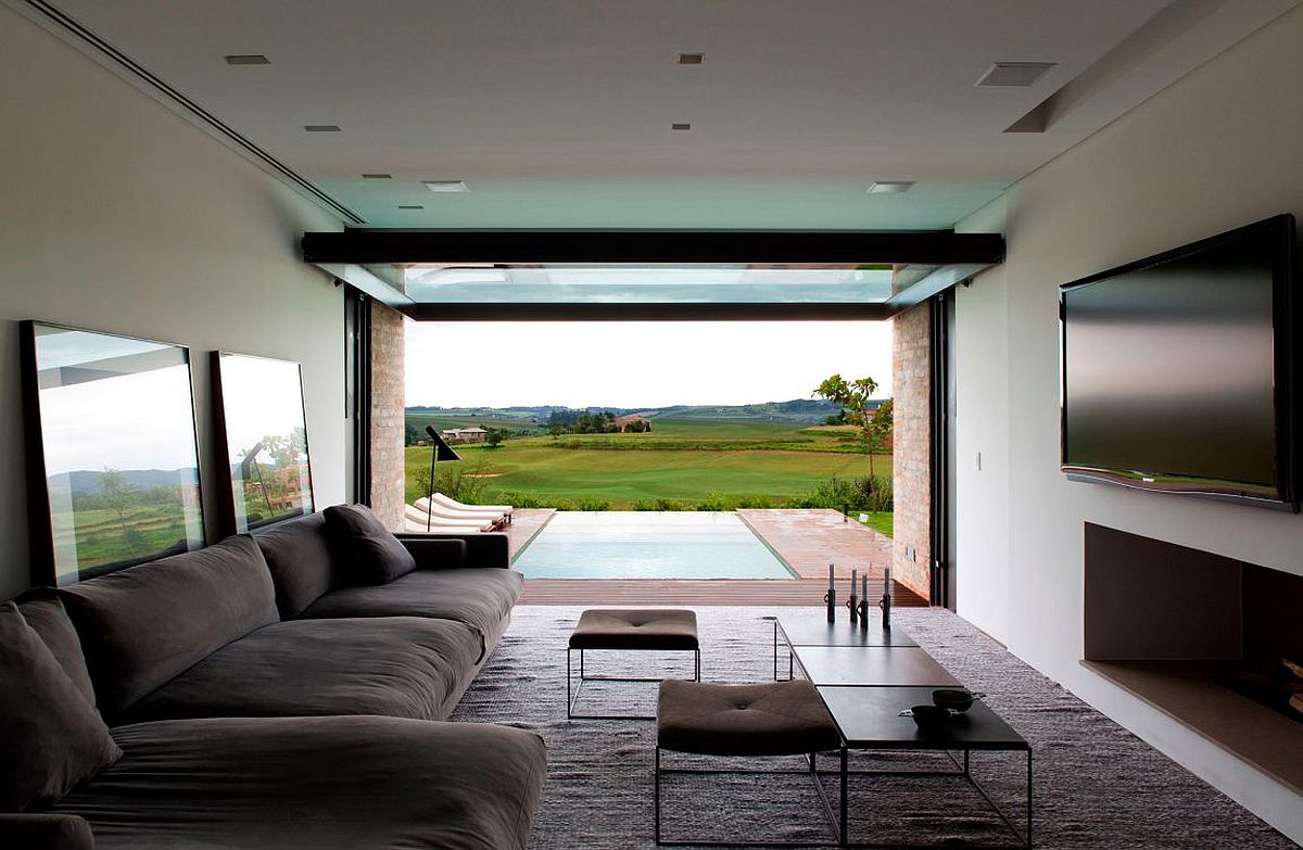 Swimming pool and pergola connected with the home theater