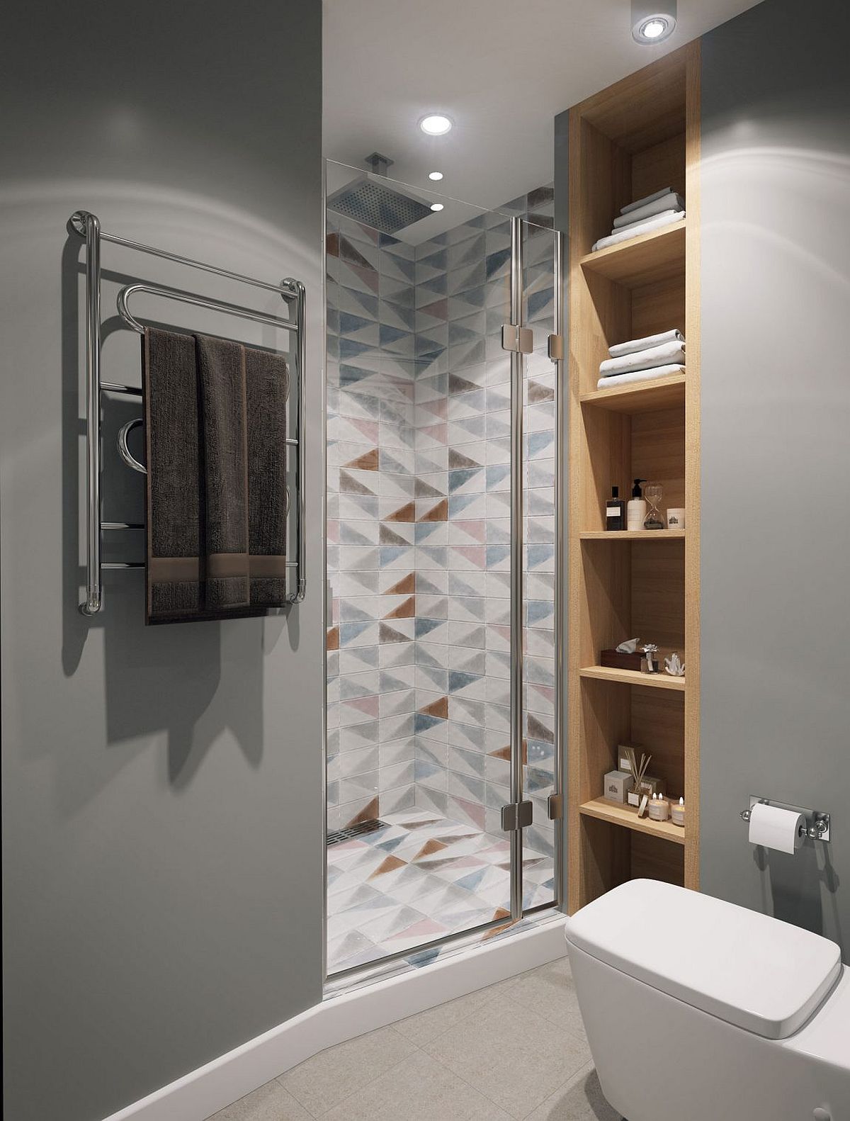 Tiles in the shower area provide visual and geometric contrast