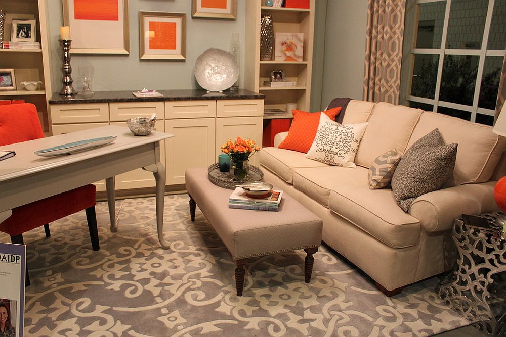 Transitional home office in gray and orange [Design: Maria Adams Designs]