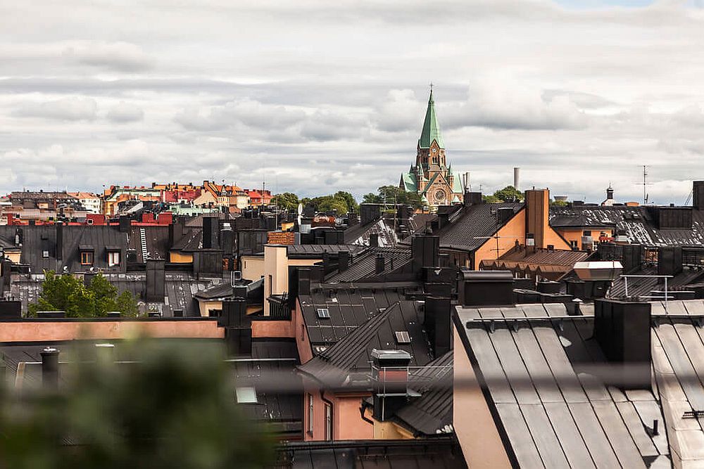 View of Stockholm's skyline from the Scandinavian style attic apartment