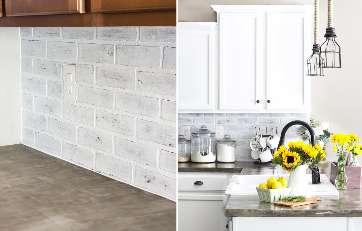 Whitewashed faux brick backsplash