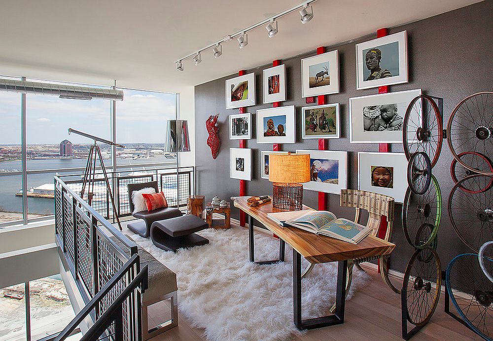 You need not add too much red to brighten the home office in gray [Design: Décoria Interior Designs / Photography: D. Randolph Foulds]