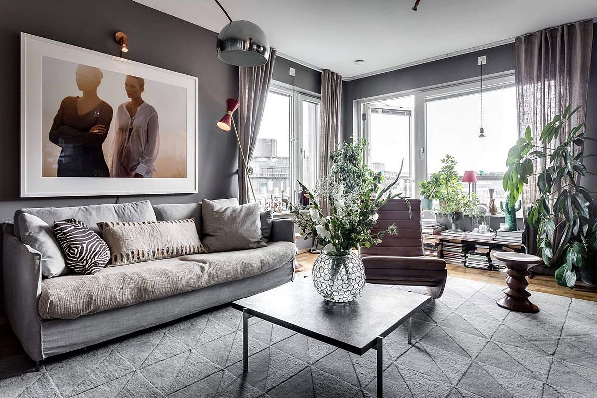 Ample natural light brings the gray living room alive