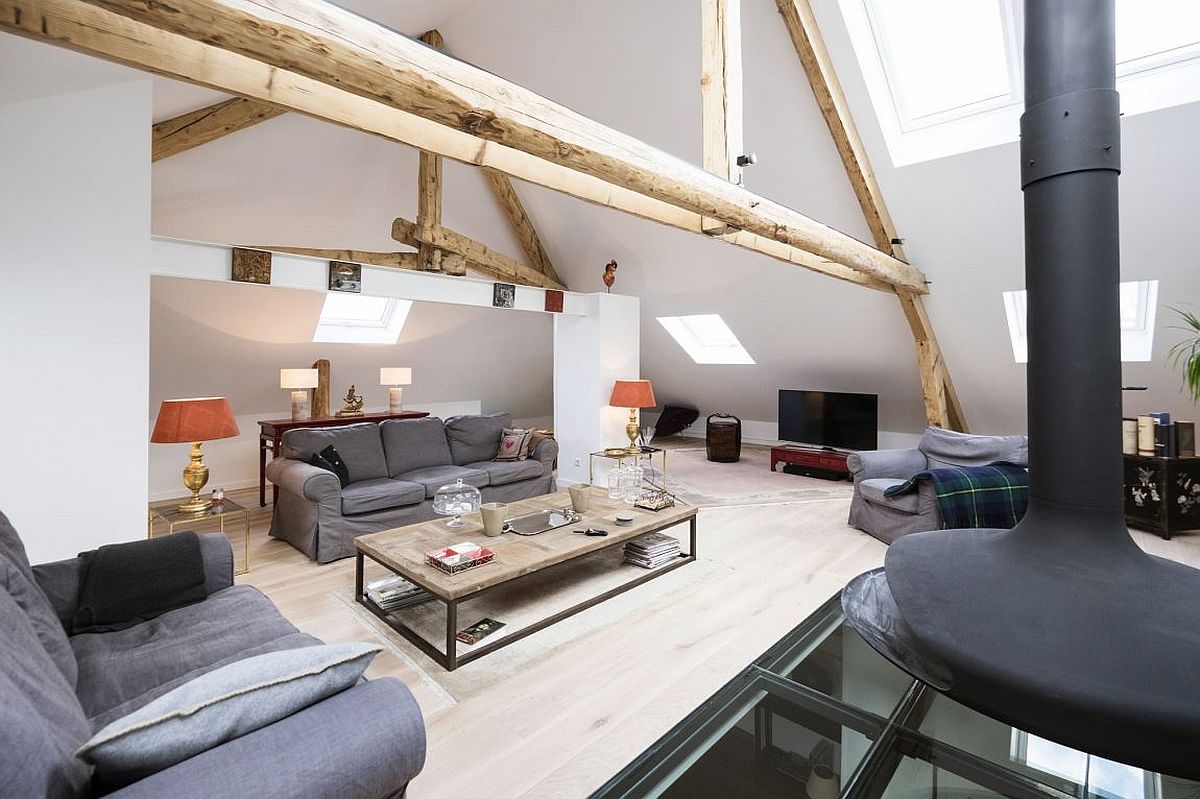 Attic living room of renovated 1920s manor house in Luxembourg