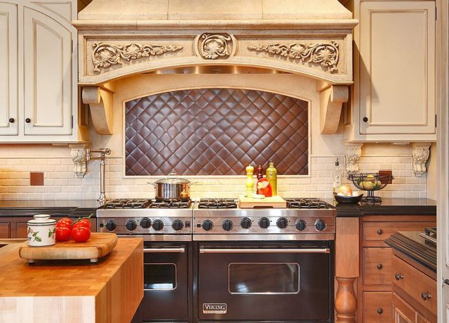 copper and white backsplash