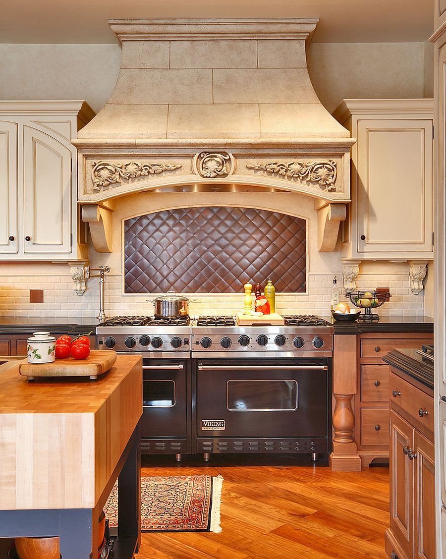 Bespoke quilted copper kitchen backsplash is a showstopper! [Design: Amazing Spaces]