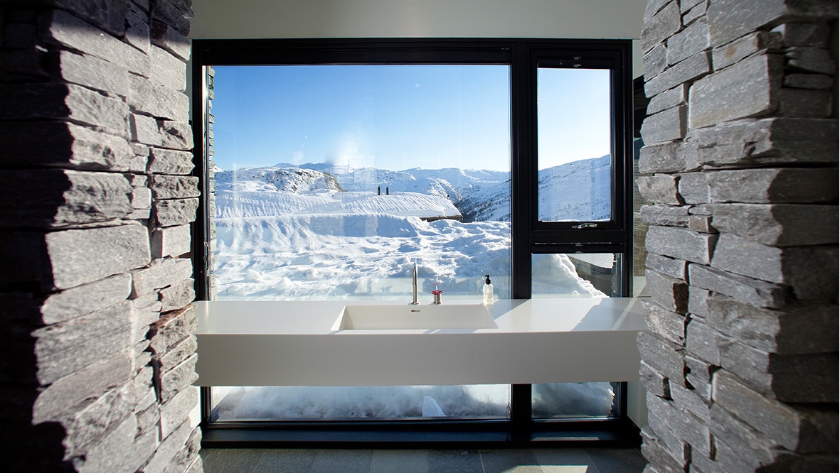 Bathroom with a view at Cabin G.