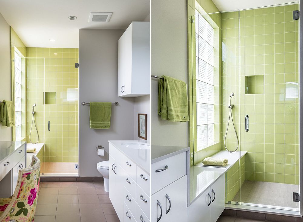 Contemporary bathroom in gray with green shower area