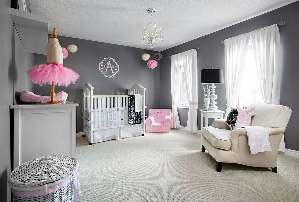 Contemporary girls' nursery in gray with stylish pops of pink [From: Lisa Petrole Photography]
