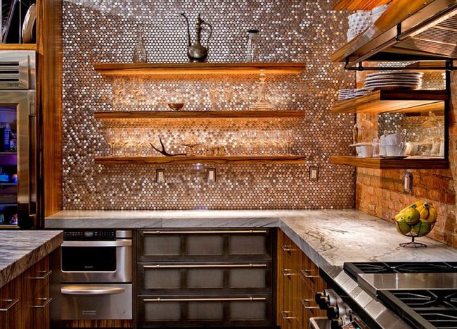 copper backsplash with stainless steel appliances