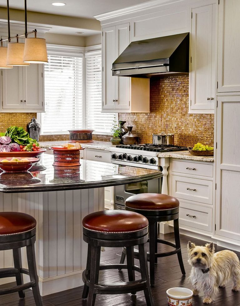 copper and white backsplash