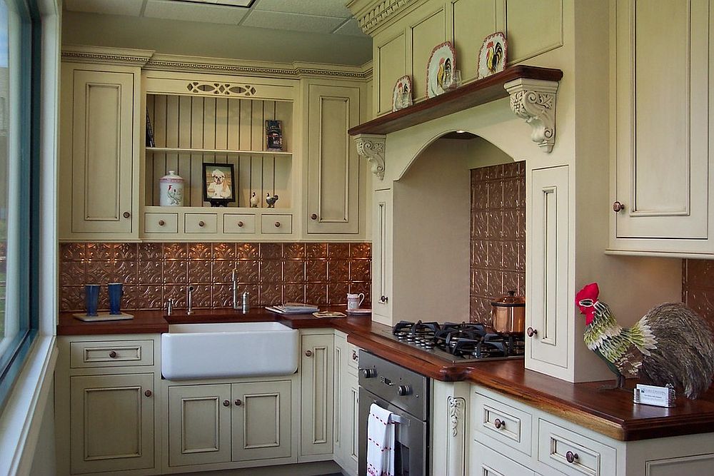 Farmhouse style kitchen with copper style backsplash