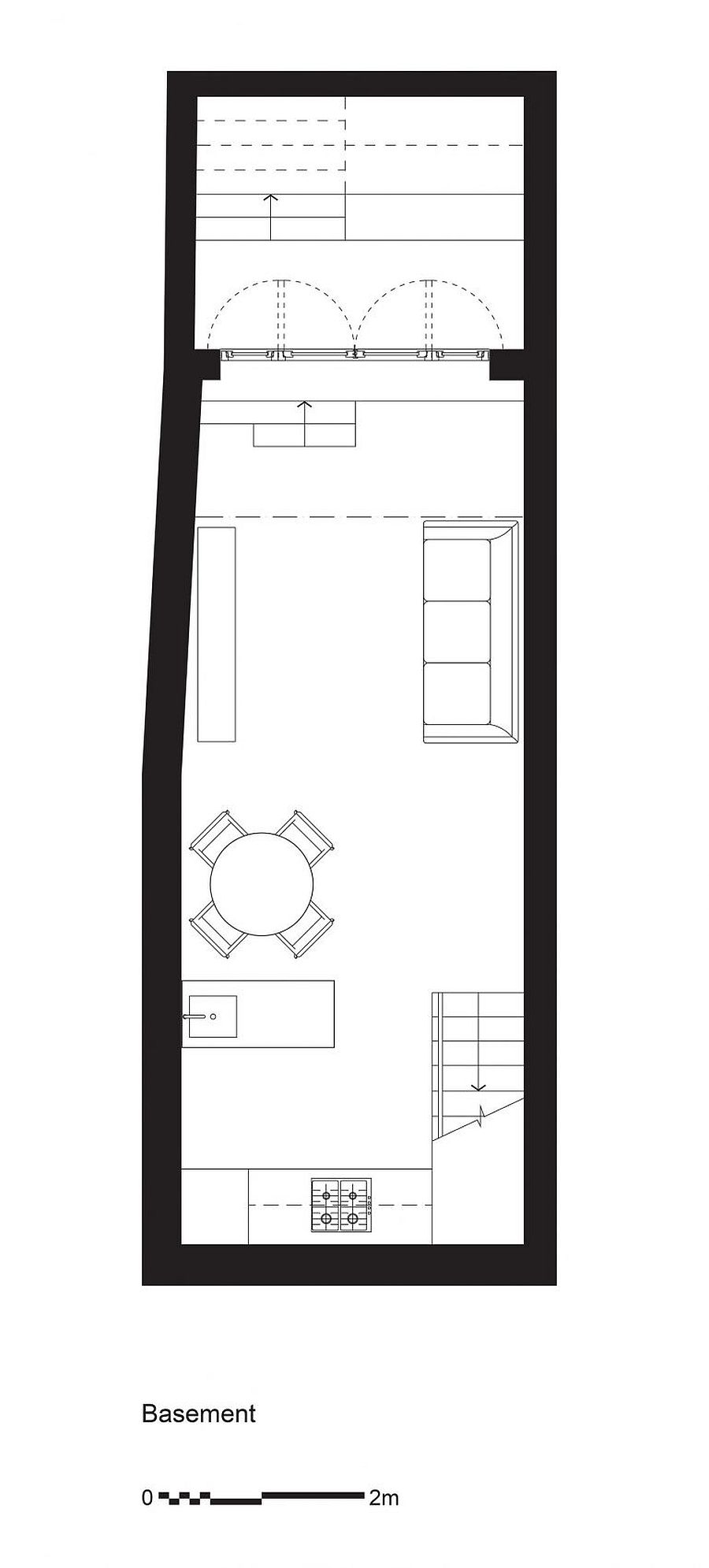 Floor plan of the basement level living, dining and kitchen areas