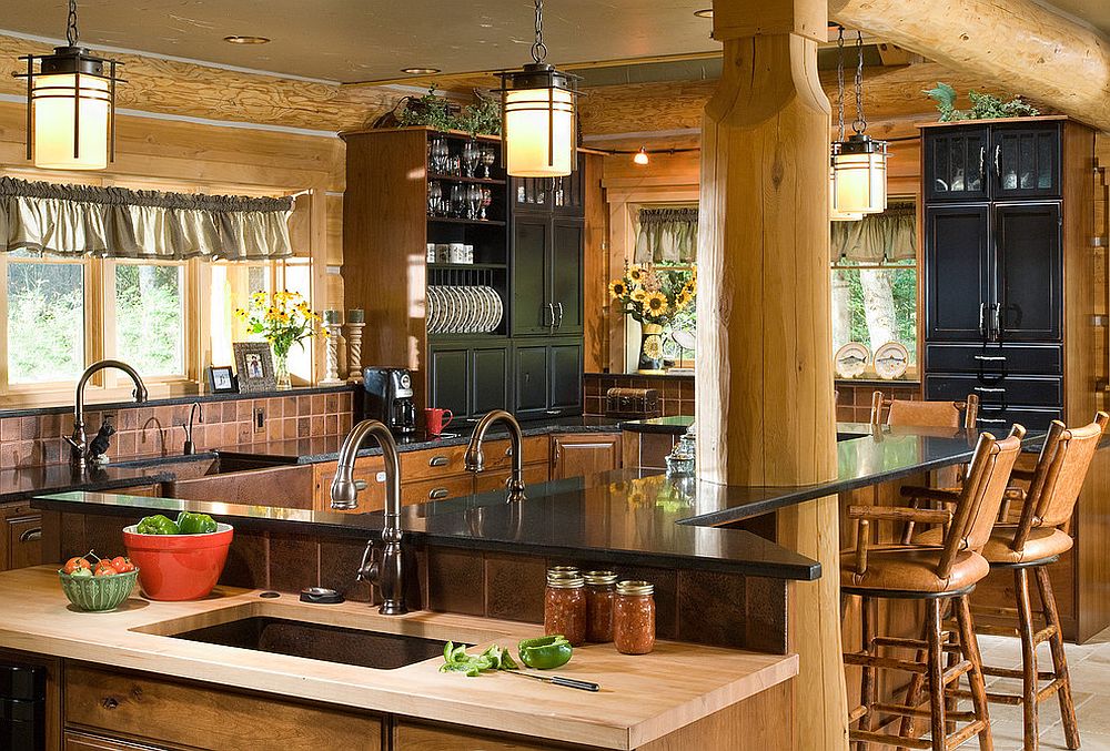 Hammered copper tile backsplash gives the kitchen a rustic visual appeal