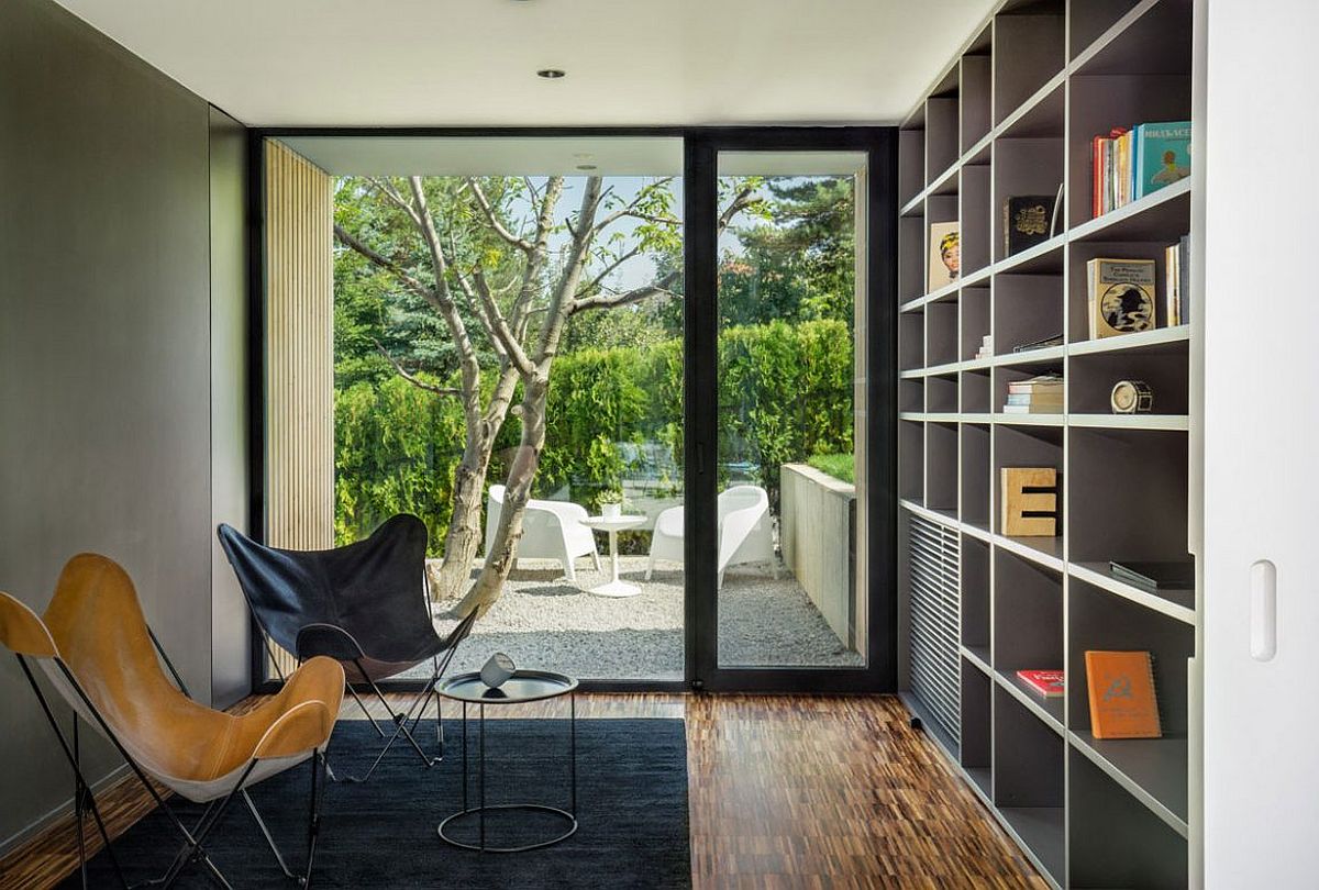 Home library of the modern home with bookshelf in gray