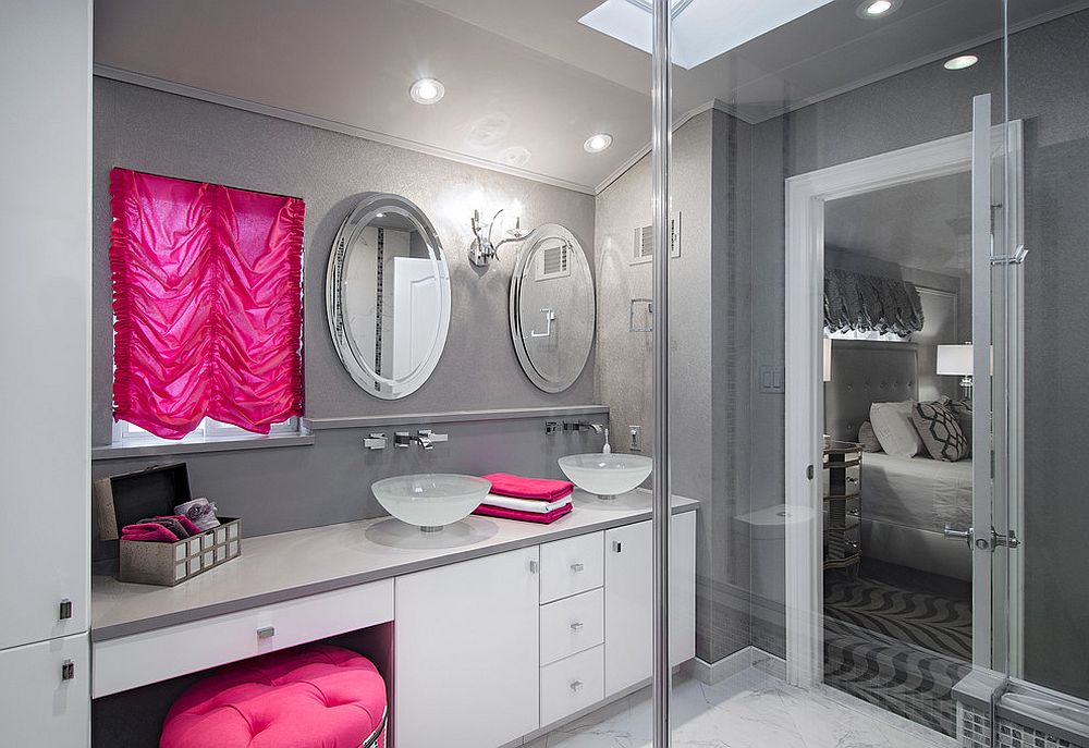Hot pink brings brightness to this classy contemporary bathroom in gray [Design: ALX Interiors, Inc, Alexandra Fernandez]