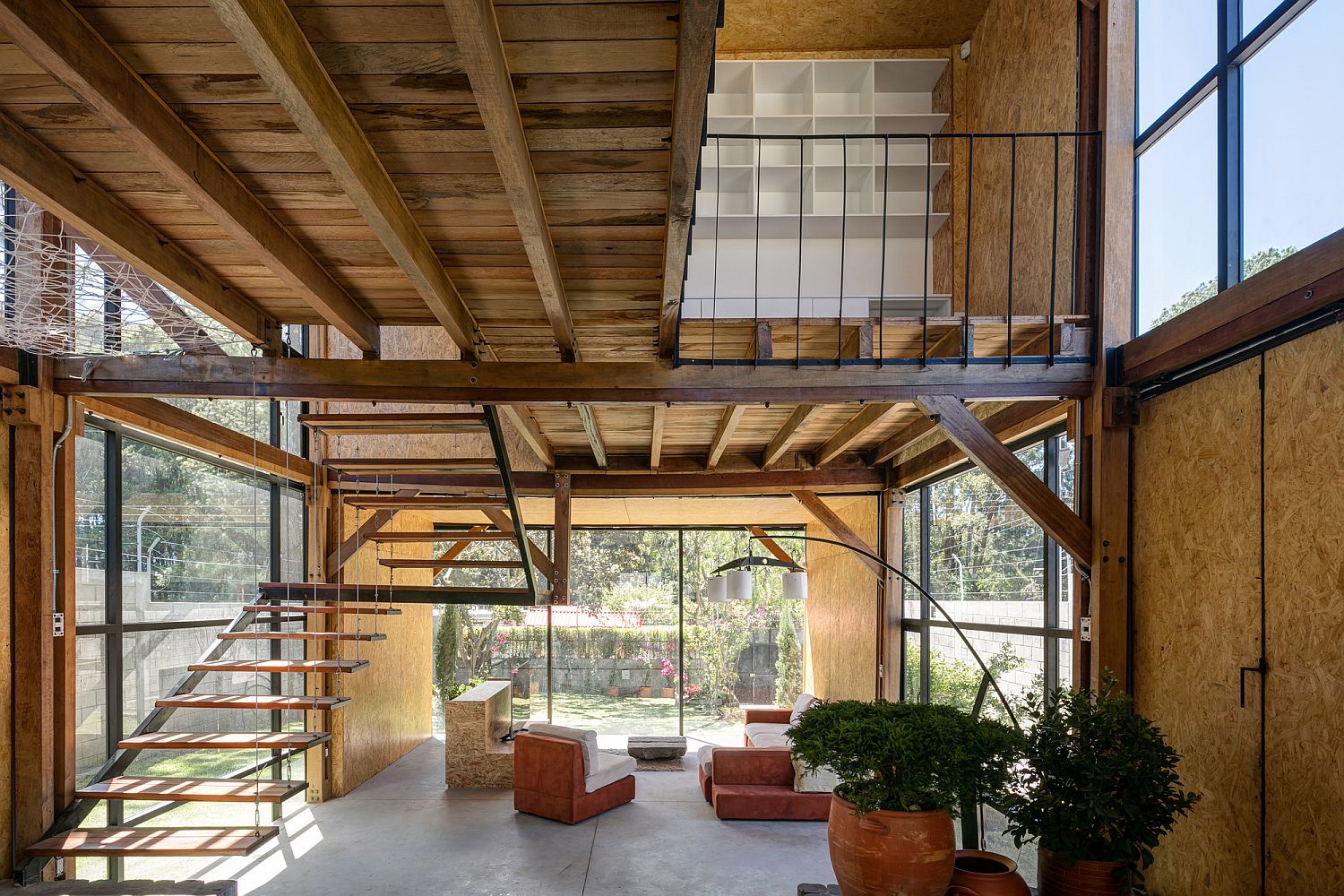 Interior of the family home clad in OSB panels