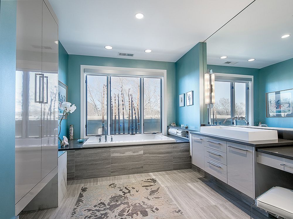 Walk In Shower with Turquoise Blue Cement Tiles - Transitional - Bathroom